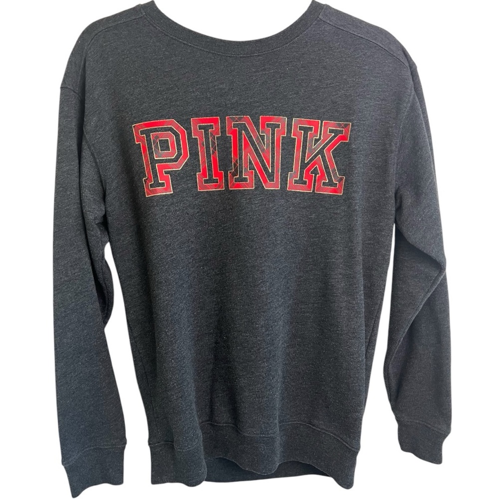 Victoria's Secret PINK XS Campus Crew Sweatshirt, Charcoal Gray with Plaid Logo